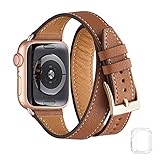 Bestig Band Compatible for Apple Watch 38mm 40mm 42mm 44mm, Genuine Leather Double Tour Designed Slim Replacement Strap for iWatch Series 6 SE 5 4 3 2 1 (Brown Band+Rose Gold Connector, 38mm 40mm)