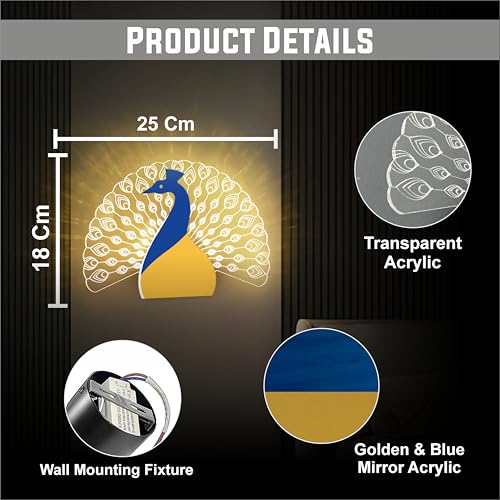 Image of Nova Peacock Wall Light for Home Decor | LED Acrylic Decorative Wall Lamp | 3 in 1 Light for Bedroom, Living Room, Kids Room, Bathroom, Perfect for Gifts | 25 Cm | Pack of 1