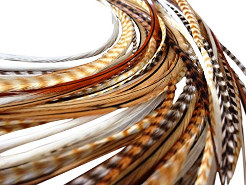 Feather Hair Extensions, 100% Real Rooster Feathers, Long Natural Colors, 20 Feathers with Bonus Free Beads and Loop Tool Kit, by Feather Lily NB