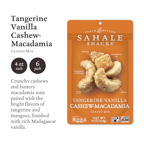 Image of Sahale Snacks Tangerine Vanilla Cashew-Macadamia Glazed Mix, 4 oz Pouches (6 Packs) - Dry-Roasted Deluxe Mixed Nuts with Mangoes & Madagascar Vanilla - Non-GMO, Kosher, & Certified Gluten-Free Snacks