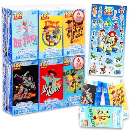 Toy Story Pocket Size Facial Tissue Set- Bundle with 12 Packs of 10 Sheets (120 Tissues) Plus Stickers | Disney Disposal Tissues for Travel, School, Classroom