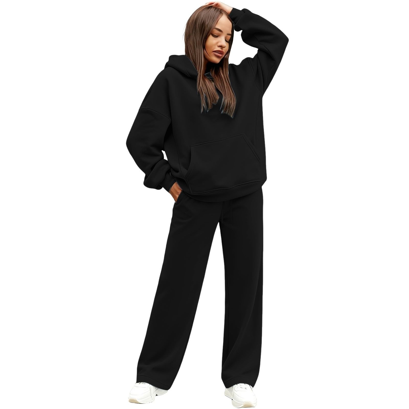 Ensemble de pyjama 2 pièces à manches longues pour femme | Ensemble de pyjama côtelé uni à manches longues, sweat à capuche et taille élastique, pantalon long