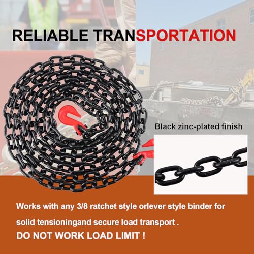 Image of 3 /8 Inch x 20FT Safety /Binder Chain G80 Transport Binder Chain with Clevis Grab Hooks 7,100 lbs Safe Working Load Logging Chain for Transporting Towing Tie Down Binding Equipment
