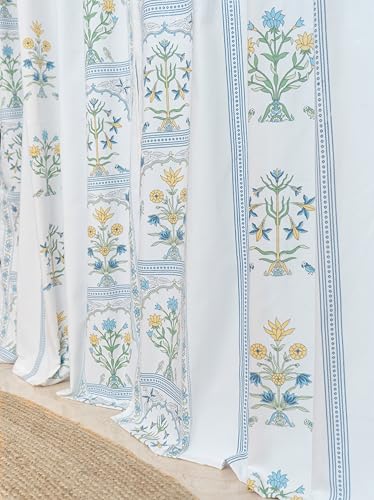 Image of Tranquebar Curtain Co. Window Curtains 6 Feet, 60-65% Room Darkening, Blue Floral Print, Cotton Curtains for Window, Cotton Curtains 6 Feet Long Set of 2, BackTabs, Sashi (183 cm) - Set of 2