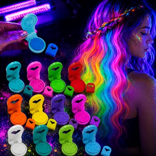 BZURTER Craie Cheveux UV Néon 12 Couleurs – Fluorescent sous Lumière Noire, Lavable à l’Eau, Doux avec Parfum Fruité, pour Festival, Carnaval,...