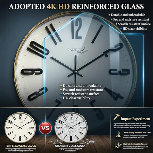 Image of RANDOM Premium Wall Clock, Black Plastic Frame, Gold 3D Numbers, 32 cm, Silent Sweep, HD Reinforced Glass (Golden)
