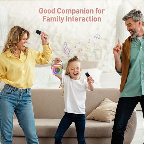 Image of Mini Karaoke Machine, Portable Bluetooth Karaoke Speaker with 2 Wireless Microphones and Party Lights for Kids and Adults, Birthday Gifts for Girls Boys Family Home Party (Rose Gold)