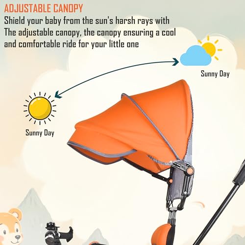 Image of BABY SMILE 4-in-1 Kids Tricycle with Adjustable Canopy, Parent Push Handle, Red and White (Orange)