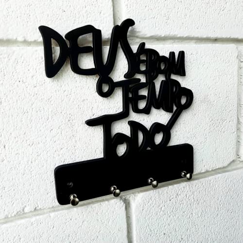Pendurador Porta Chaves Frase Deus É Bom Cor Preto Para Parede Feito De Madeira 100% Mdf