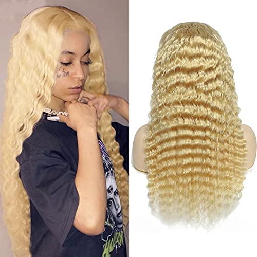 KAFEIER 613 Lace Frontal Wig Human Hair 13x4 Blonde Wig Deep Wave Pre Plucked Transparent Lace Free Part with Baby Hair Blonde Human Hair Wig For Women Natural Hairline 28 Inch
