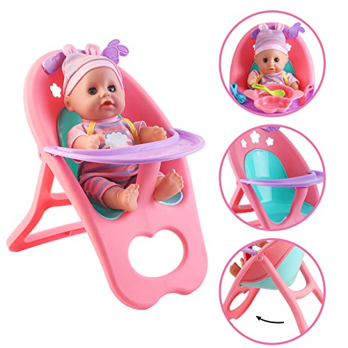 image for deAO 12” Baby Doll Play Set with Crib, Mobile, High Chair Feeding Ac