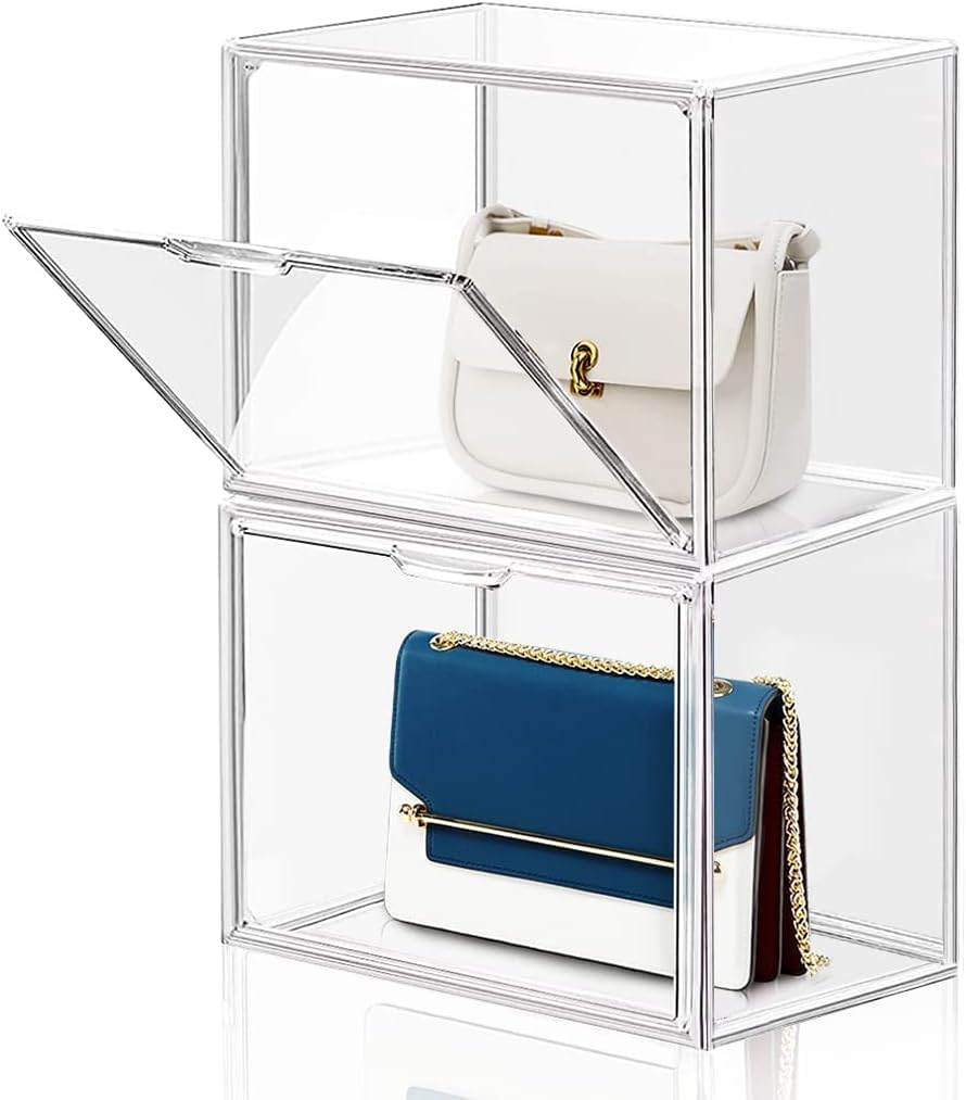 KEYOZA 2 Packs Clear Plastic Handbag Storage Organizer for Closet, Acrylic Display Case for Purse and Handbag, Stackable Storage Boxes Bag Organizer with Magnetic Door for Clutch Wallet Book Toys