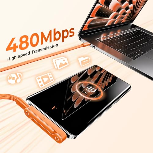 Image of Verilux 240W Type C Cable Fast Charging & Type C Connector with Foldable Phone Stand, 1.5M /4.9Ft Flat PVC USB C Cable with 480Mbps Data Transfer for iPhone 17 /16 /15, Galaxy S26 /S25 /S24