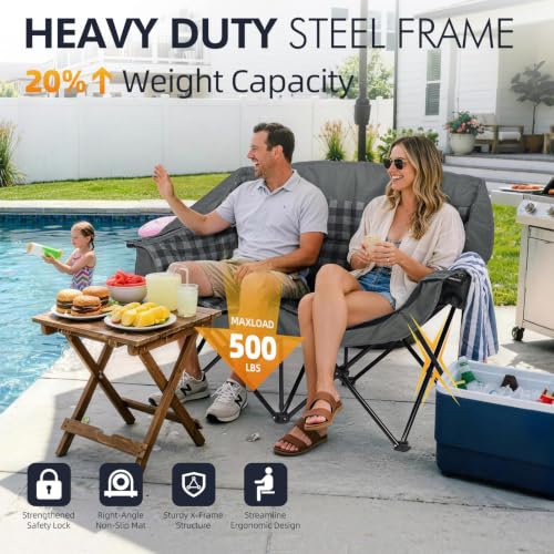 Image of Double Camping Chair Loveseat -2 Person Oversized Padded Outdoor Camp Couch