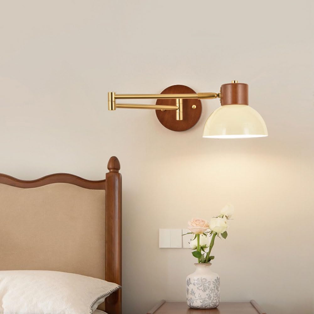 Lámpara de pared de cabecera de madera nórdica, aplique de pared con brazo oscilante dorado, cabecera ajustable flexible, iluminación de lectura, pantalla de metal crema, accesorio de iluminac