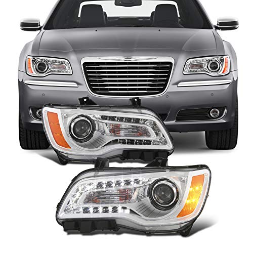 AKKON - Fits 2011-2014 Chrysler 300 Sedan Models LED Light Bar [Halogen Type] Chrome Bezel Projector Headlights Pair Left+Right