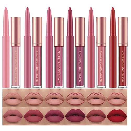 12 Pcs Liquid Lipstick Lipliner Set Nude Lipliner Matte Lipstick Long Lasting Non-Fading Waterproof Lip Glosses Makeup Set Gift For Women (Set B)