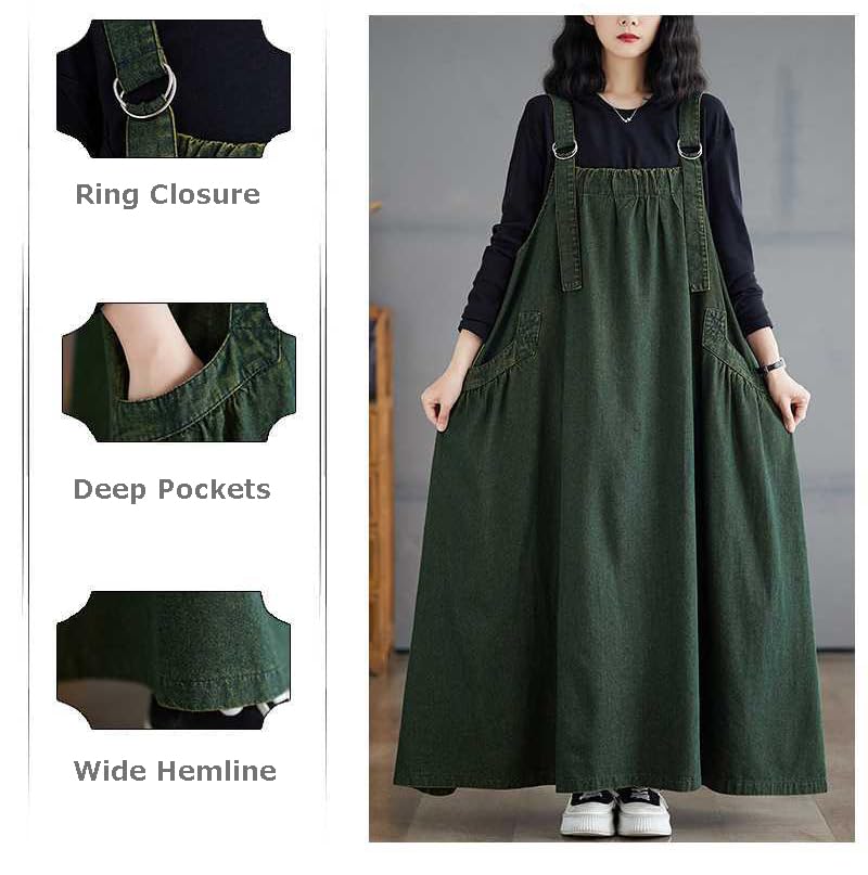 Image of Boho Jumper Dress for Women Loose Overall Pinafore Dresses Adjustable Straps Wide Hemline with Pockets Baggy Style