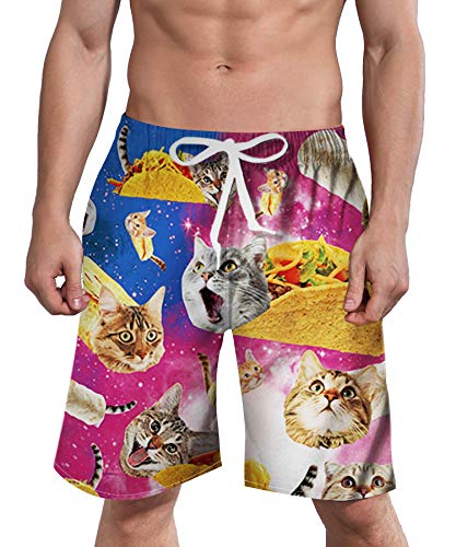 Alisister Mens Swim Trunks Novelty Quick Dry Board Shorts 3D Pizza Taco Cats Bathing Suit Funny Animal Surf Beach Shorts With Mesh Lining Pocket Drawstring Summer Party Apparel Blue M #TOP6