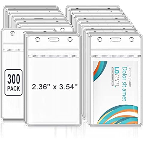 Marspark 300 Pieces Clear Plastic Horizontal Name Badge ID Card Holders Horizontal Name Badge ID Card Holders with Waterproof Resealable Zip Transparent PVC Sleeve Cover for Office School(Vertical) Cover