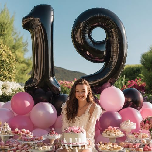 Image of AULE 40 Inch Large 19 Number Balloons Black, Big Foil Number Balloons, Giant Helium Happy 19th Birthday Party Decorations for Boy and Girl, Huge Mylar Anniversary Party Supplies