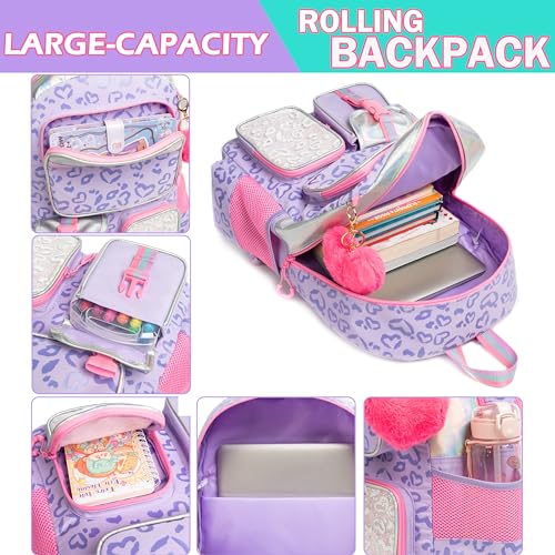 Sac à dos à roulettes pour filles mignon et imperméable avec boîte à lunch - 5