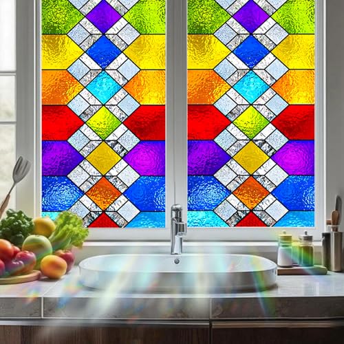 Image of Nuxovilar Sparkle Colorful Diamond Window Film 17.7x39.4 PVC | Geometric Mosaic, Tile Cling colorful diamond sticker, sparkle glass wrap for kitchen bedroom living (Diamond)