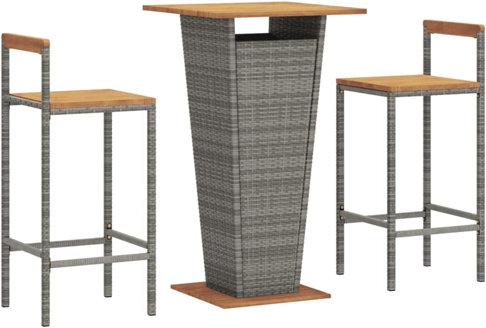 3 Piece Patio Bar Set, Bistro Set Garden Lounge Set Patio Conversation Set Porch Furniture Set for Garden Poolside Piazza Negotiation Area Gray Poly Rattan and Solid Wood Acacia