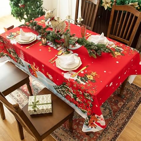 DIVA EN CAMINO DEC Waterproof Christmas Tablecloth Rectangle 60x84 Inch - Santa Claus Decoration Oblong Table Cloth - Washable Fabric Xmas Table Cover for Party, Kitchen, Dining Room, Outdoor, Indoor Cover