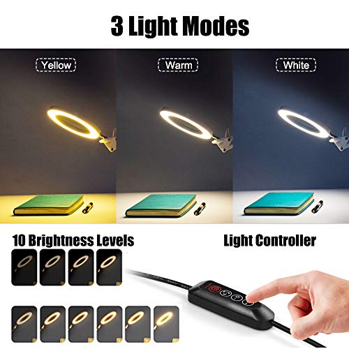 LED Magnifier Desk Lamp, 5X Magnifying Glass with Light, 3 Modes 10 Dimming, Foldable Metal Arms and Adjustable Clamp Base for Close Work Hobby Repairing Reading Crafts