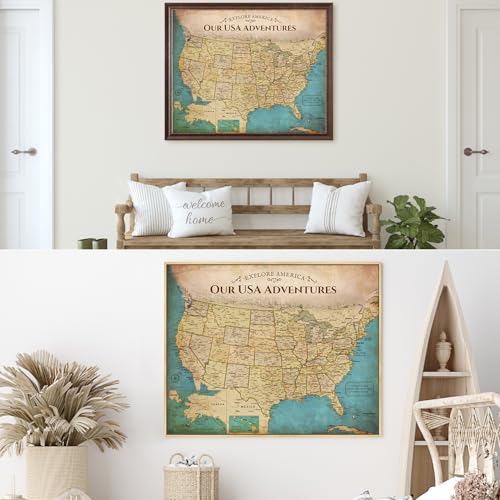Image of DECORARTS - Personalized Push Pin Travel Map USA, Custom Name, Pin Board Canvas Wall Art, Antique Vintage Old United States Decor, Optional Wood Frame, Giclee Print, Handcrafted in USA, 30x24''