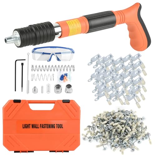 EXCECAR Steel Concrete Nail Gun 120pcs Nails Set, 60pcs Round Nail and 60pcs Hook Nail Steel Nail Gun for Concrete, 5 Speed Adjustable Manual Nail Gun, Portable Nail Wall Fastening Tool