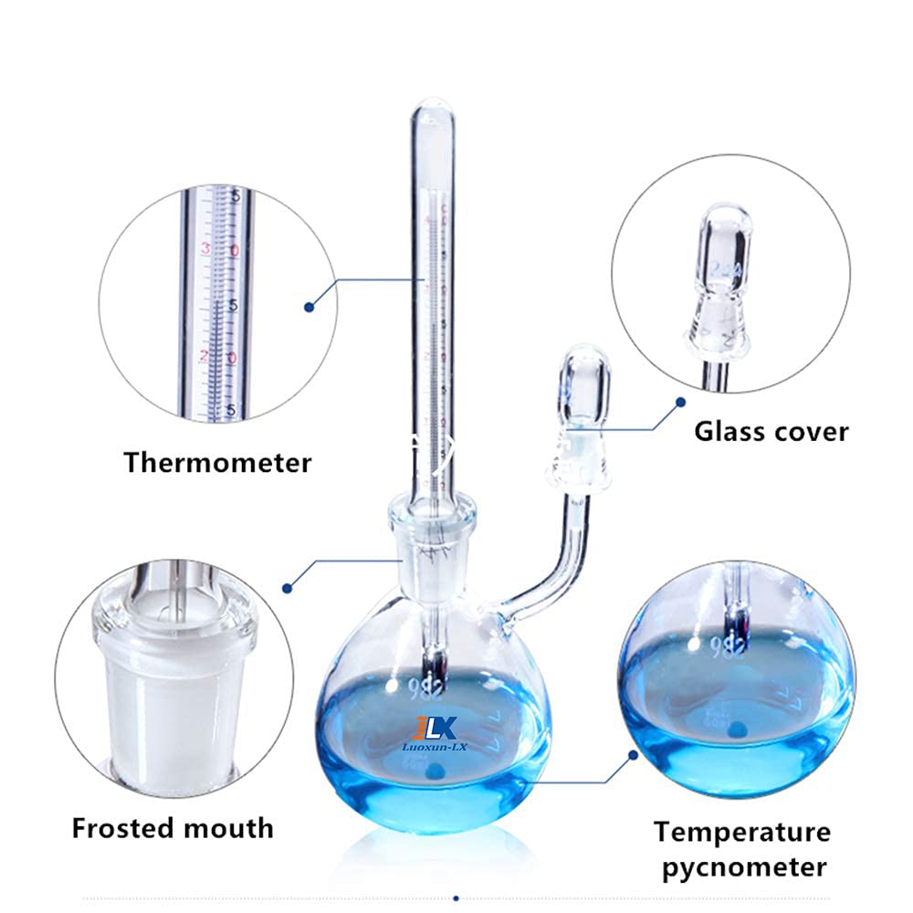 Flacone a gravità specifica, fondo piatto da 50 ml con termometro, picnometro in vetro da laboratorio (50ml)