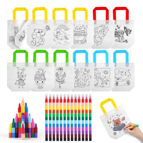OSDUE DIY sac de peinture des enfants doodle, DIY Sac Non Tissé de Peinture, 13 Sac a Colorier...