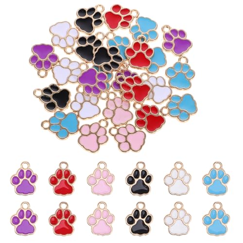 InnoHHustle 42pcs Dog Paw Footprint Charms for Jewelry Making Paw Print Animal Charm Alloy Gold Enamel Charms Paws Print Beads for DIY Bracelets and Keychain Charm Necklaces