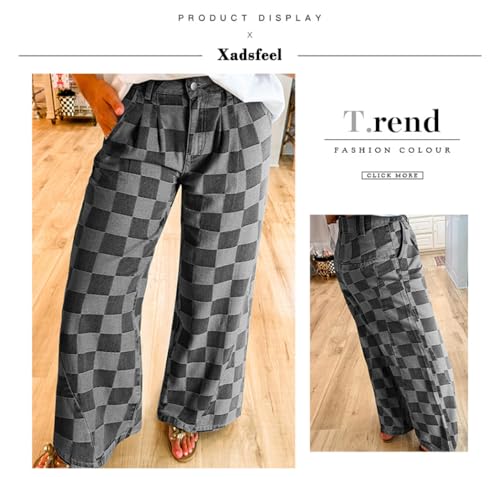 Womens Plaid Print Baggy Wide Leg Jeans High Waisted Straight Leg Denim Pants Chessboard Pattern Jeans2