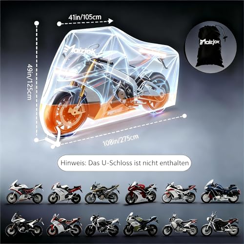Maizjok® Motorrad Abdeckplane Outdoor Motorradabdeckung Wasserdicht 210D Motorrad Garage Plane, Motorradplane Abdeckung Winterfest für Motor Straßen/Sport/Adventure/Cruiser/Tourer XXL 275x105x125cm