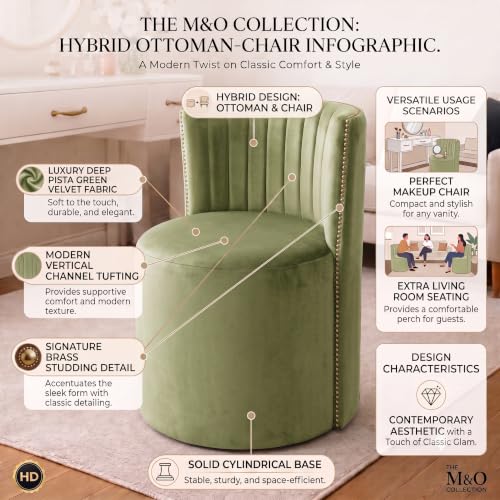 Image of Luxury Velvet Ottoman Chair Pouffe Stool-Modern Round Soft-Padded Chair for Dining Room, Living Room /Cafeteria Seating /Bedroom and Dressing Area /Ottoman with Backrest (Pista Green)