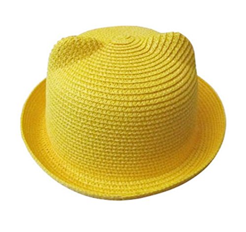 Elee Girls Boys Straw Retro Cat Ears Roll Up Cloche Hat Bowler Buckrt Cap (#5 Yellow)