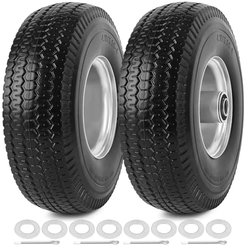 Image of 4.10 /3.50-4 inch Flat Free Tires, 10 Inch Solid Tires and Wheels Replacement with 5 /8 inch Axle Bore Hole, 2.2 inch Offset Hub for Hand Truck, Garden Cart, Lawn Cart, Wheelbarrow, 2 Pack