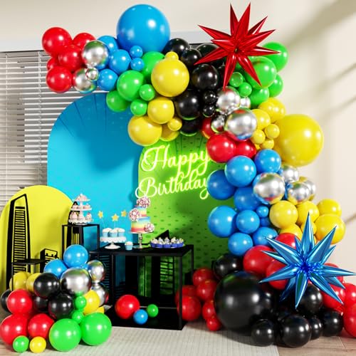 LANGASQUE Red Blue Green Yellow Black Balloon Arch Kit, Birthday Decor