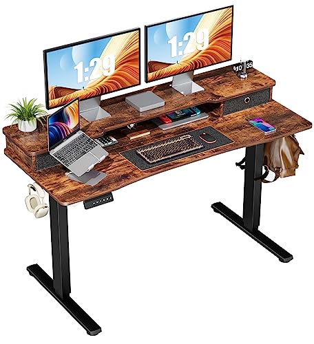 Height Adjustable Electric Standing Desk with Storage Shelf Double Drawer, 55 x 24 Inch Stand up Desk, Sit Stand Desk with Splice Board, Standing Table Black Frame/Rustic Brown Desktop for Home Office Height Adjustable Electric Standing Desk with Storage Shelf Double Drawer, 55 x 24 Inch Stand up Desk, Sit Stand Desk with Splice Board, Standing Table Black Frame/Rustic Brown Desktop for Home Office