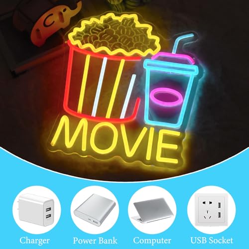 Image of Movie Neon Sign for Wall Decor, Movie Neon Light with Popcorn Drink, USB Dimmable Led Lights Signs for Film Room Cinema Game Room Man Cave Party