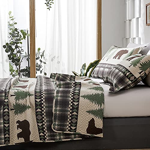Jessy Home Quilt Set Queen Size Rustic Lodge Plaid Quilt Bed Spread Country Cabin Brown Bear Bedding Lightweight Reversible Quilts Home Bedspread Coverlet With 2 Pillow Shams thumb #3