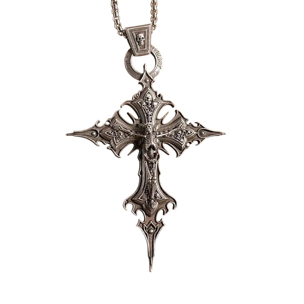 Retro Gothic Cross Jesus Skull Pendant Necklace for Men