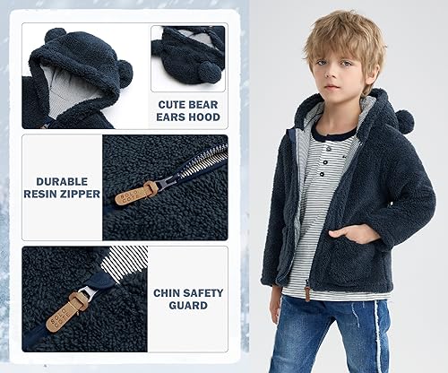 Image of SOLOCOTE Boys Winter Coat Kids Toddler Hooded Fleece Jacket Warm Sherpa Lined Zip Up Sweatshirt