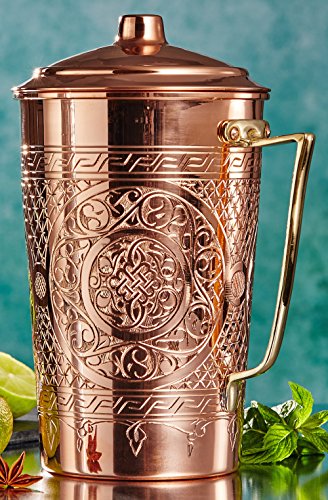New CopperBull 2017 Heavy Gauge 1mm Solid Hammered Copper Water Moscow Mule Serving Pitcher Jug with Lid, 2.2-Quart (Engraved Copper)