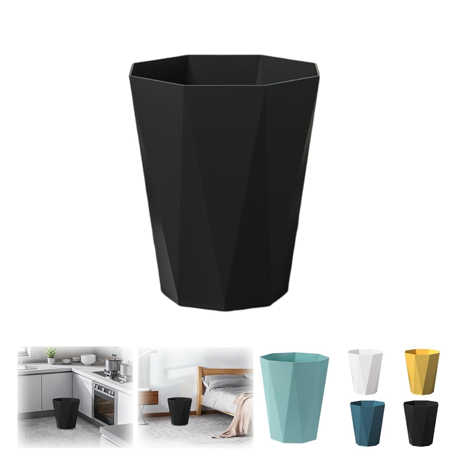 Polygon Small Trash Can Plastic Wastebasket for Bathroom Office Kitchen Laundry Room Kids Room Black