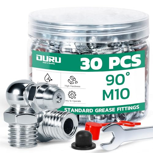 Image of OURU 30PCS M10 METRIC Grease Fittings Kit, Zerk Grease Fittings 90 Degree with Grease Fitting Caps & Wrench Kit(10mm) for Grease Gun