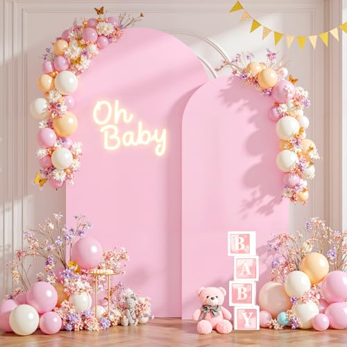 Image of Pink and Hot Pink Arch Cover 2 Set - 7.2FT and 6FT Arch Backdrop Cover Spandex Fitted Wedding Arch Stand Covers for Baby Shower Girls Birthday Party Photo Balloon Arch Covers Stretchy Backdrop